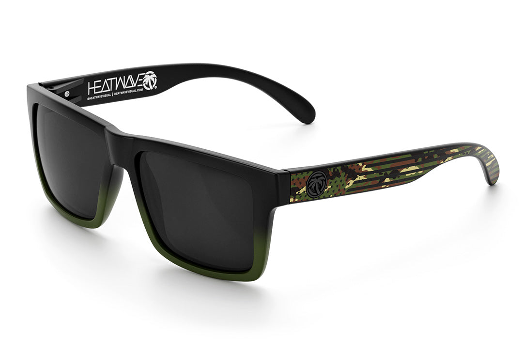 Heat Wave Visual Vise Sunglasses with OD fader frame, flag camo arm print and black lenses.