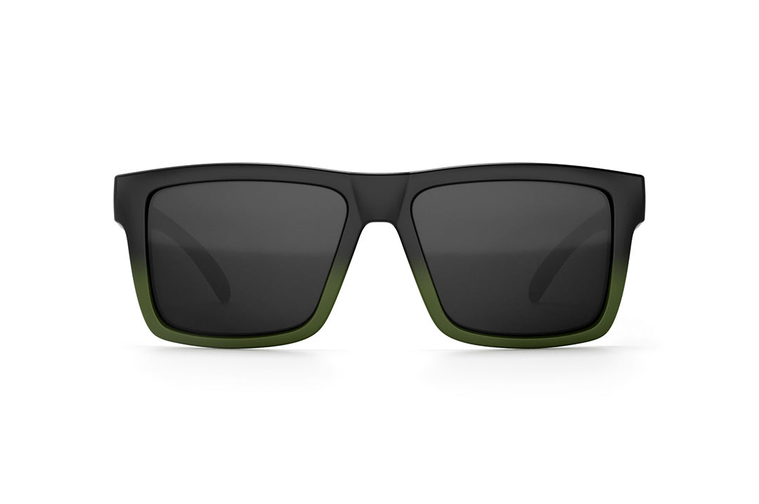 Front view of Heat Wave Visual Vise Sunglasses with OD green fader frame with black lenses.