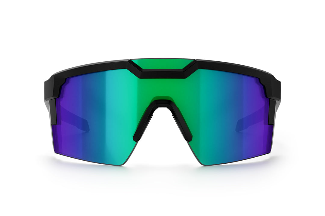 Front of Heat Wave Visual Future Tech Sunglasses with black frame and piff green lens.