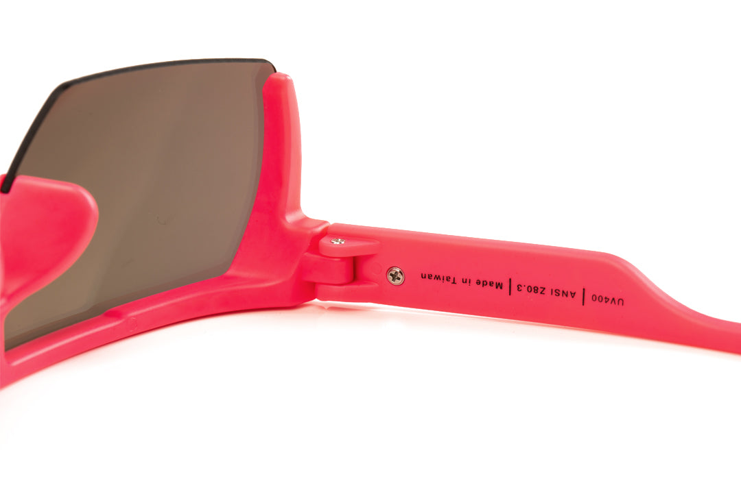 Inside view of Heat Wave Visual Lazer Face kids sunglasses pink frame, pink splatter print arms and rose gold lens.