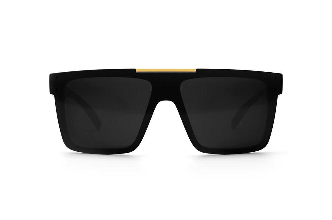 Front view of Heat Wave Visual Quatro Sunglasses with black frame, woodgrain print arms and black lens.