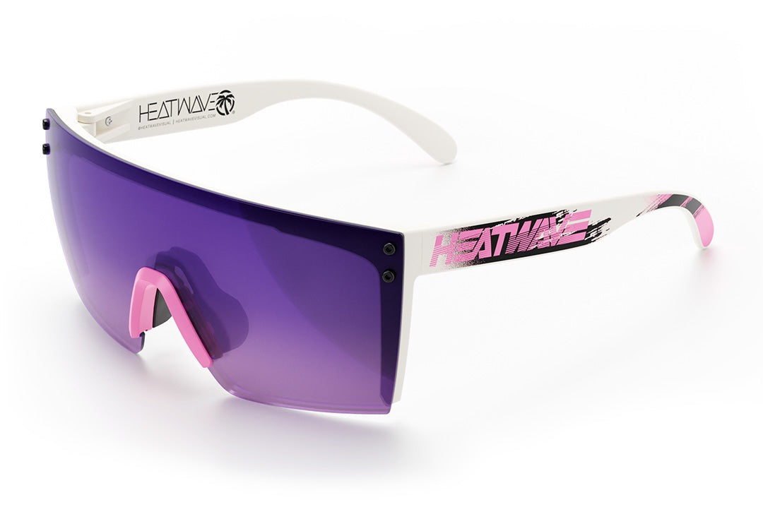 Heat Wave Visual Lazer Face Z87 Sunglasses with white frame, reactive print arms and purple gradient lens.