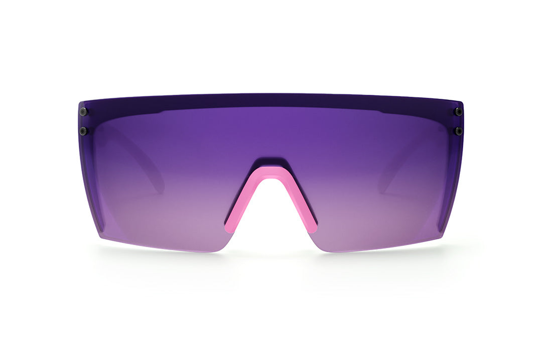 Front view of Heat Wave Visual Lazer Face Z87 Sunglasses with white frame, reactive print arms and purple gradient lens.