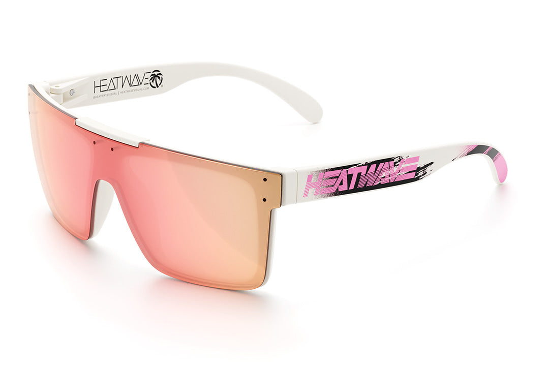 Heat Wave Visual Quatro Sunglasses with white frame, pink logo print arms and rose gold lens.