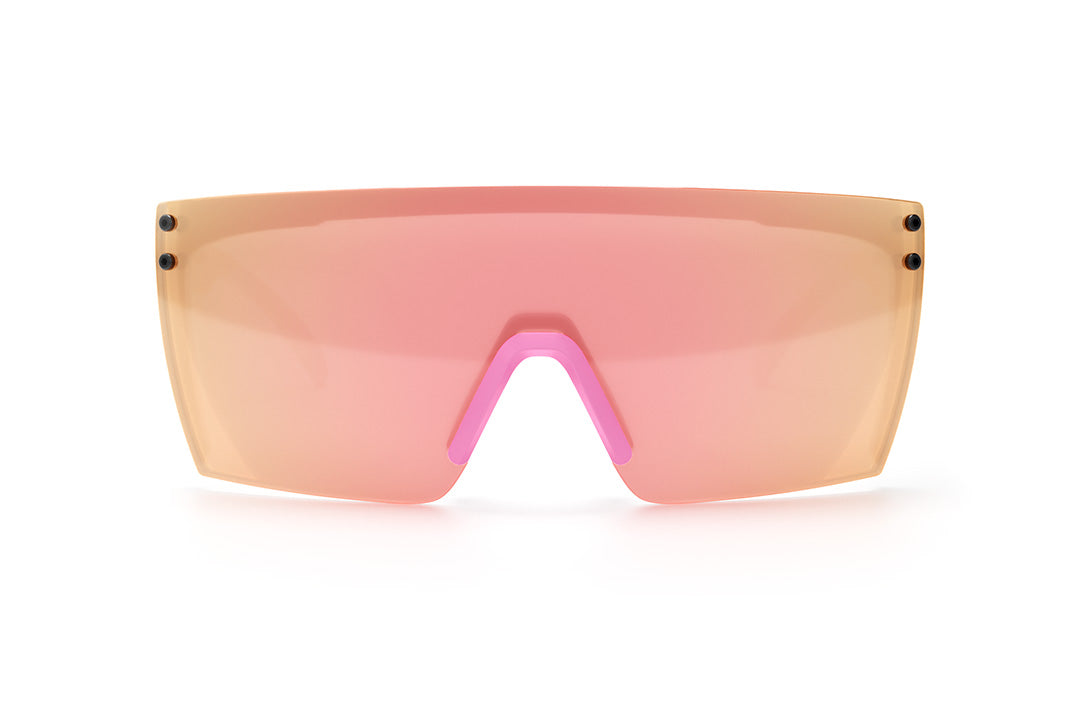 Front view of Heat Wave Visual Lazer face Z87 Sunglasses with white frame, reactive print arms and rose gold lens.