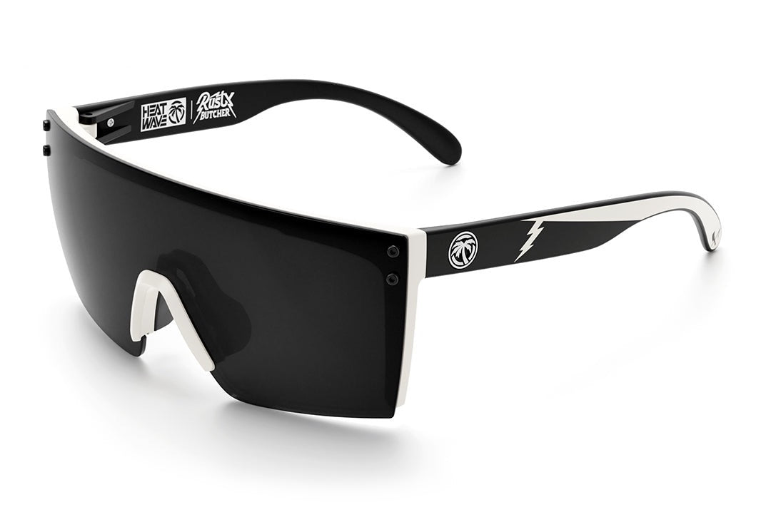 Heat Wave Visual Lazer Face Sunglasses with white frame, rusty butcher print arms and black lens.