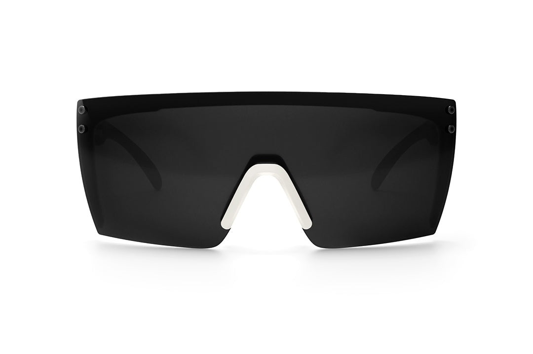 Front view of Heat Wave Visual Lazer Face Sunglasses with white frame, rusty butcher print arms and black lens.