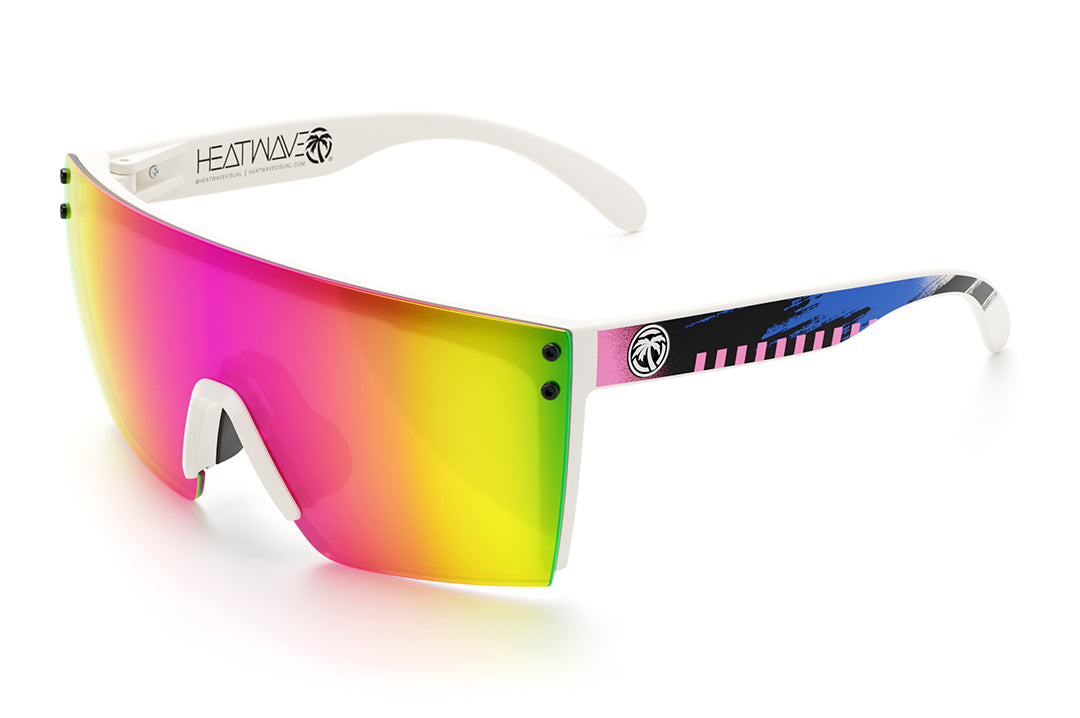 Heat Wave Visual Lazer Face Sunglasses with white frame, saga print arms and spectrum pink yellow lens.