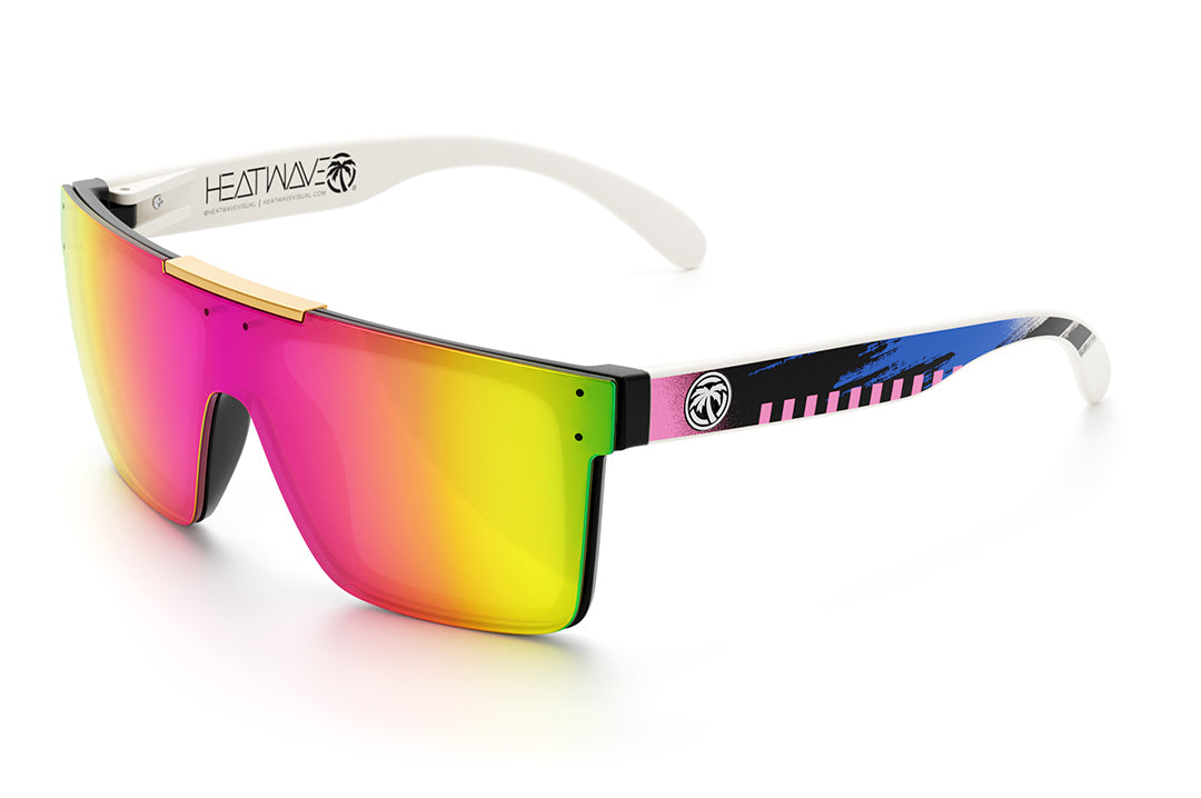 Heat Wave Visual Quatro Sunglasses with black frame, saga print arms and spectrum pink yellow lens.