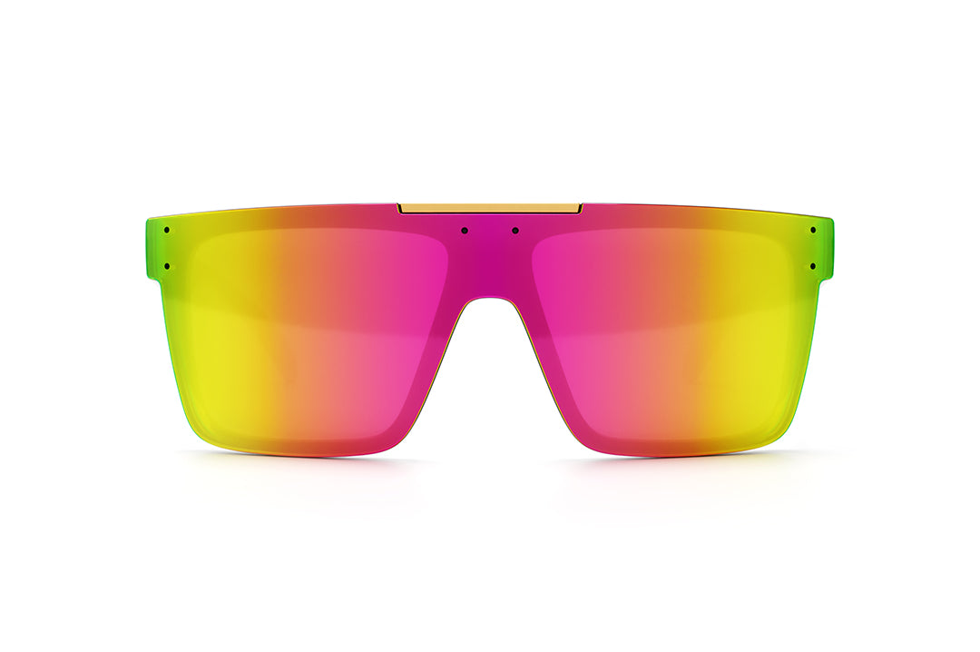 Front view of Heat Wave Visual Quatro Sunglasses with black frame, saga print arms and spectrum pink yellow lens.