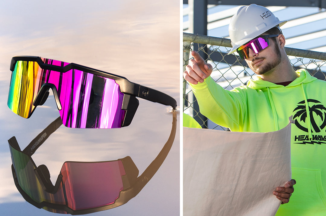 Construction worker wearing Heat Wave Visual Future Tech Sunglasses with black frame and spectrum pink lens.