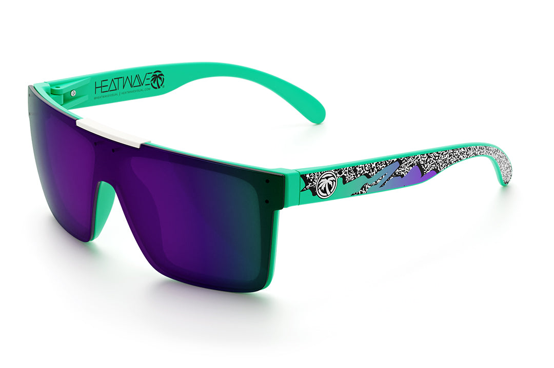 Heat Wave Visual Quatro Sunglasses with green frame, eighties themed print arms and ultra violet lens.