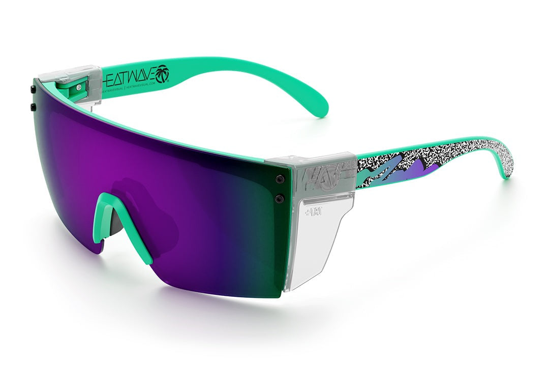 Heat Wave Visual Lazer Face Z87 Sunglasses with green frame, scribble print arms, ultra violet lens and clear side shields.
