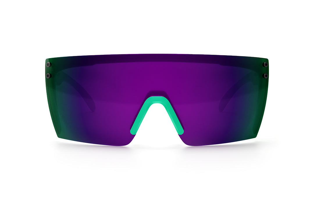 Front view of Heat Wave Visual Lazer Face Z87 Sunglasses with green frame, scribble print arms and ultra violet lens.