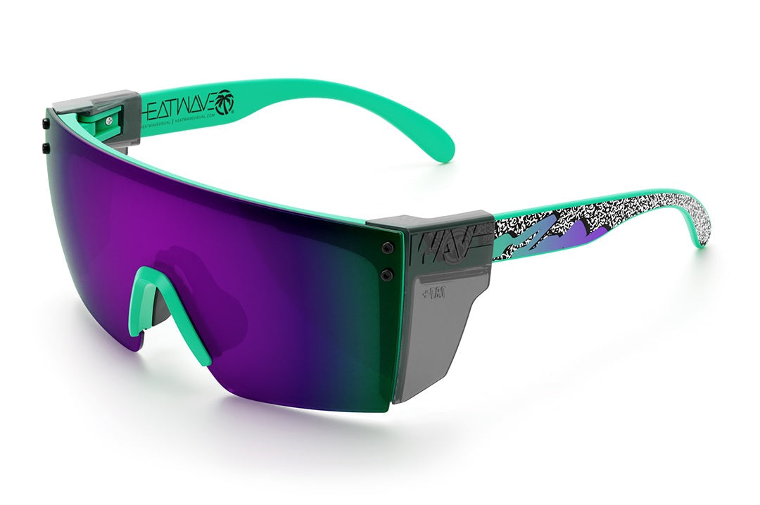 Heat Wave Visual Lazer Face Z87 Sunglasses with green frame, scribble print arms, ultra violet lens and smoke side shields.