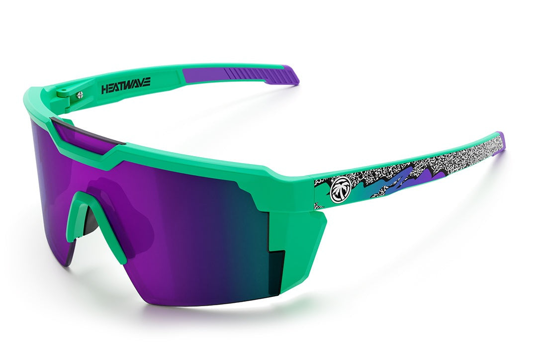 Heat Wave Visual Future Tech Sunglasses with green frame ultra violet lens.