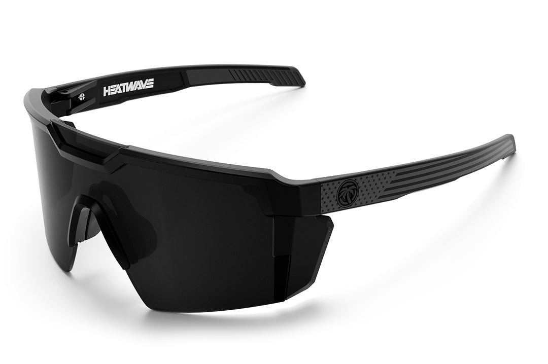 Heat Wave Visual Future Tech Sunglasses with black frame with SOCOM print arms and black lens.