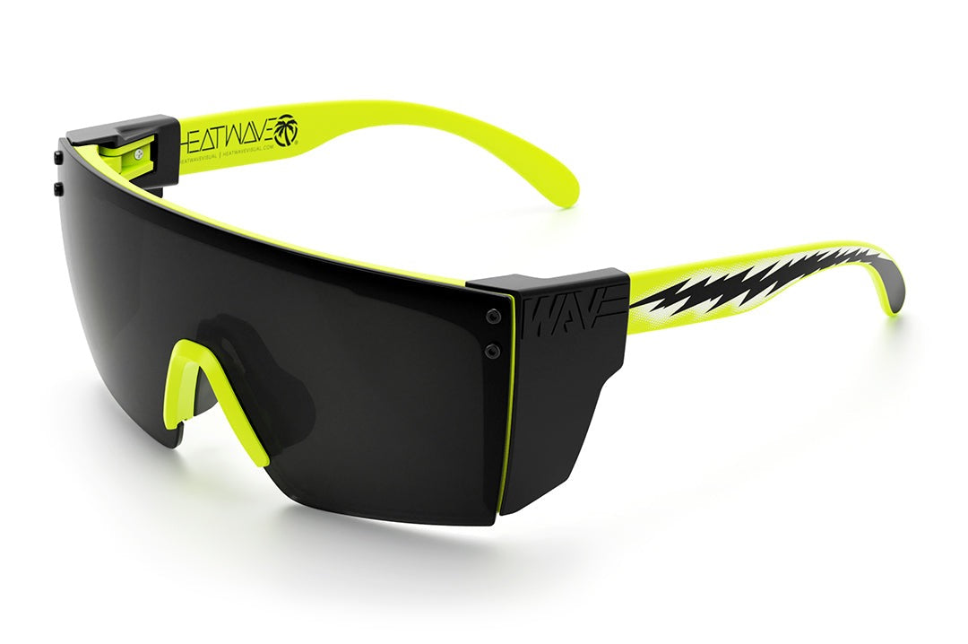 Heat Wave Visual Lazer Face Z87 Sunglasses with neon yellow frame, sparky print arms, black lens and black side shields.