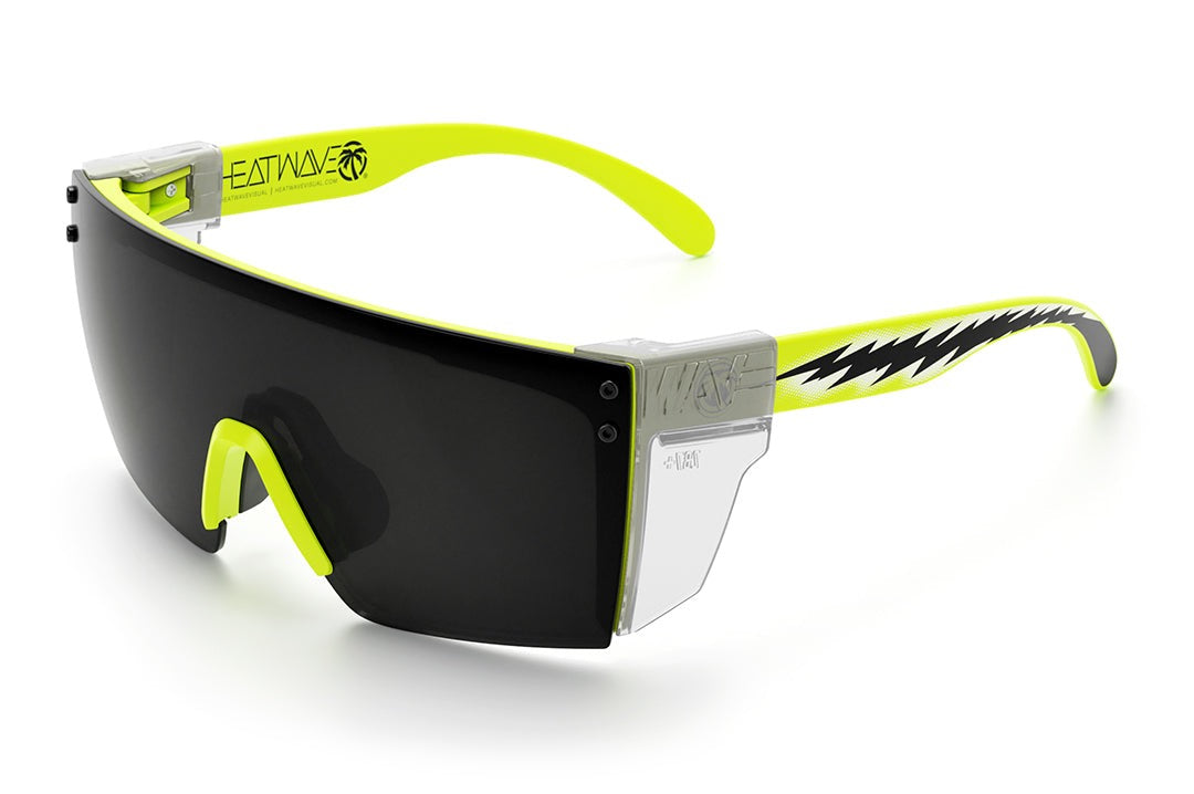 Heat Wave Visual Lazer Face Z87 Sunglasses with neon yellow frame, sparky print arms, black lens and clear side shields.