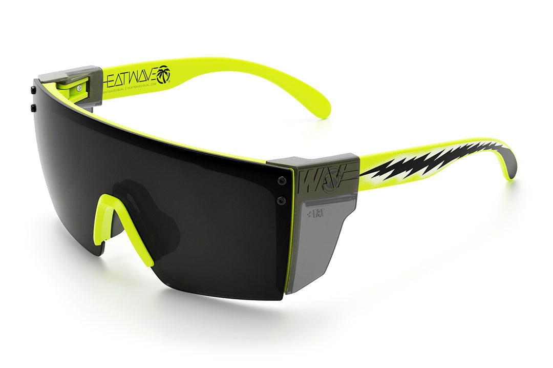 Heat Wave Visual Lazer Face Z87 Sunglasses with neon yellow frame, sparky print arms, black lens and smoke side shields.