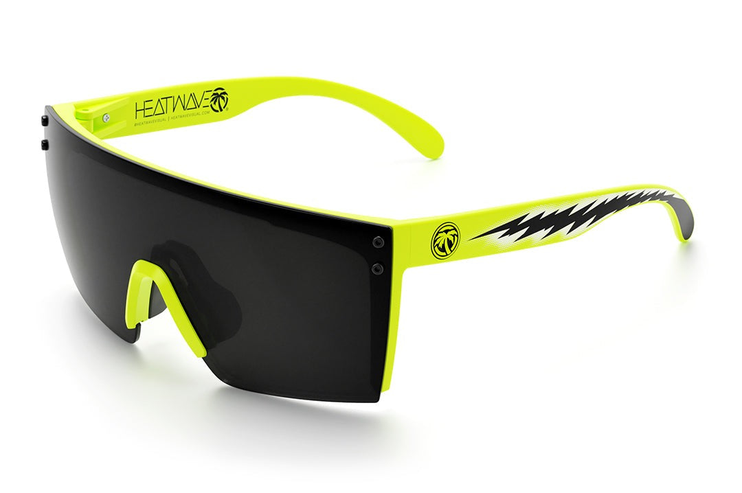Heat Wave Visual Lazer Face Z87 Sunglasses with neon yellow frame, sparky print arms and black lens.