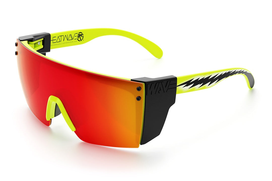 Heat Wave Visual Lazer Face Z87 Sunglasses with neon yellow frame, sparky print arms, sunblast orange yellow lens and black side shields.