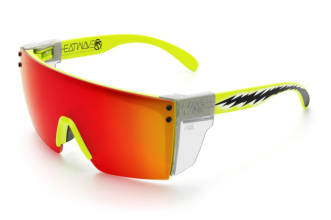 Heat Wave Visual Lazer Face Z87 Sunglasses with neon yellow frame, sparky print arms, sunblast orange yellow lens and clear side shields.