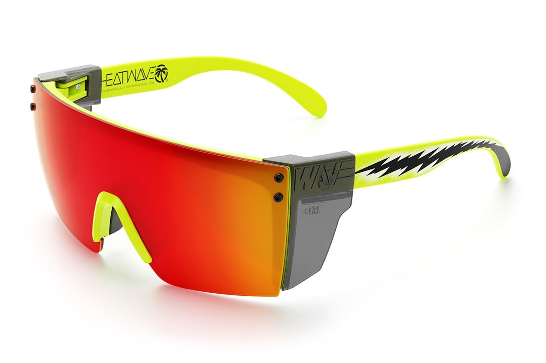 Heat Wave Visual Lazer Face Z87 Sunglasses with neon yellow frame, sparky print arms, sunblast orange yellow lens and smoke side shields.