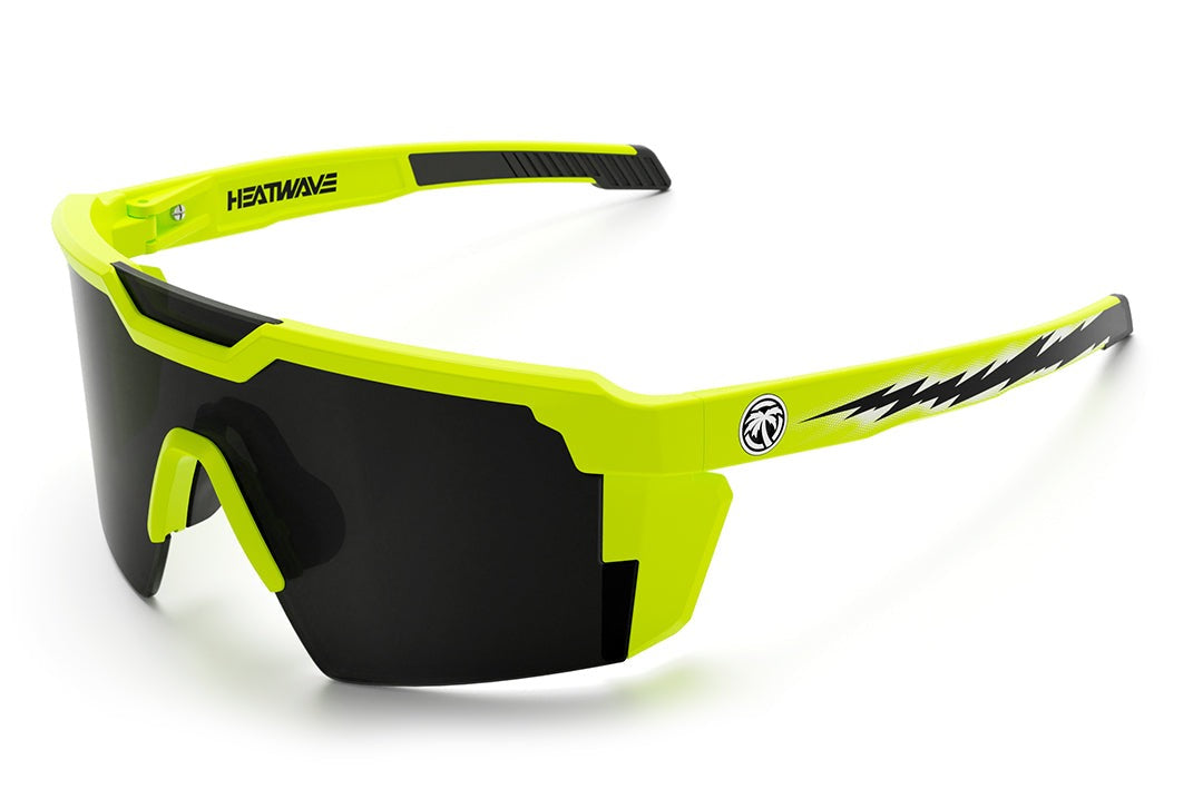 Heat Wave Visual Future Tech Sunglasses with hi vis yellow frame with black bolt print and black lens.