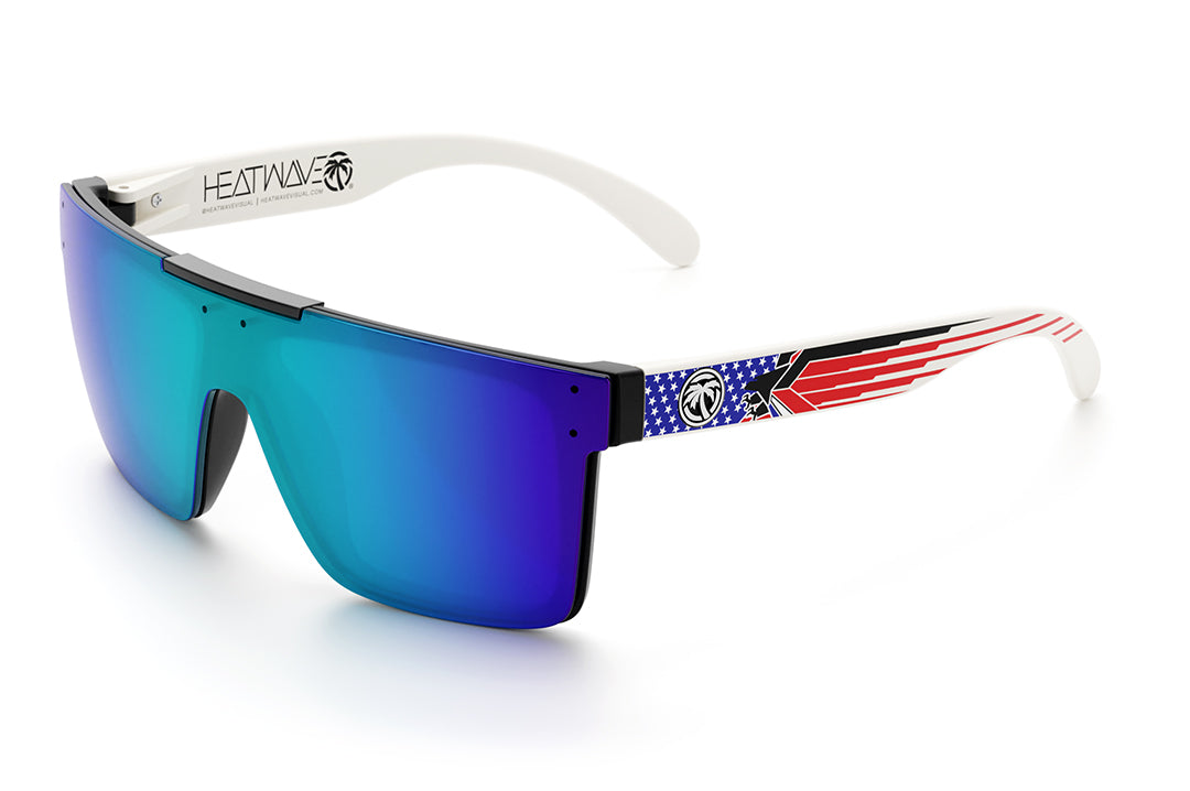 Heat Wave Visual Quatro Sunglasses with black frame, speed eagle white print arms and galaxy blue lens. 