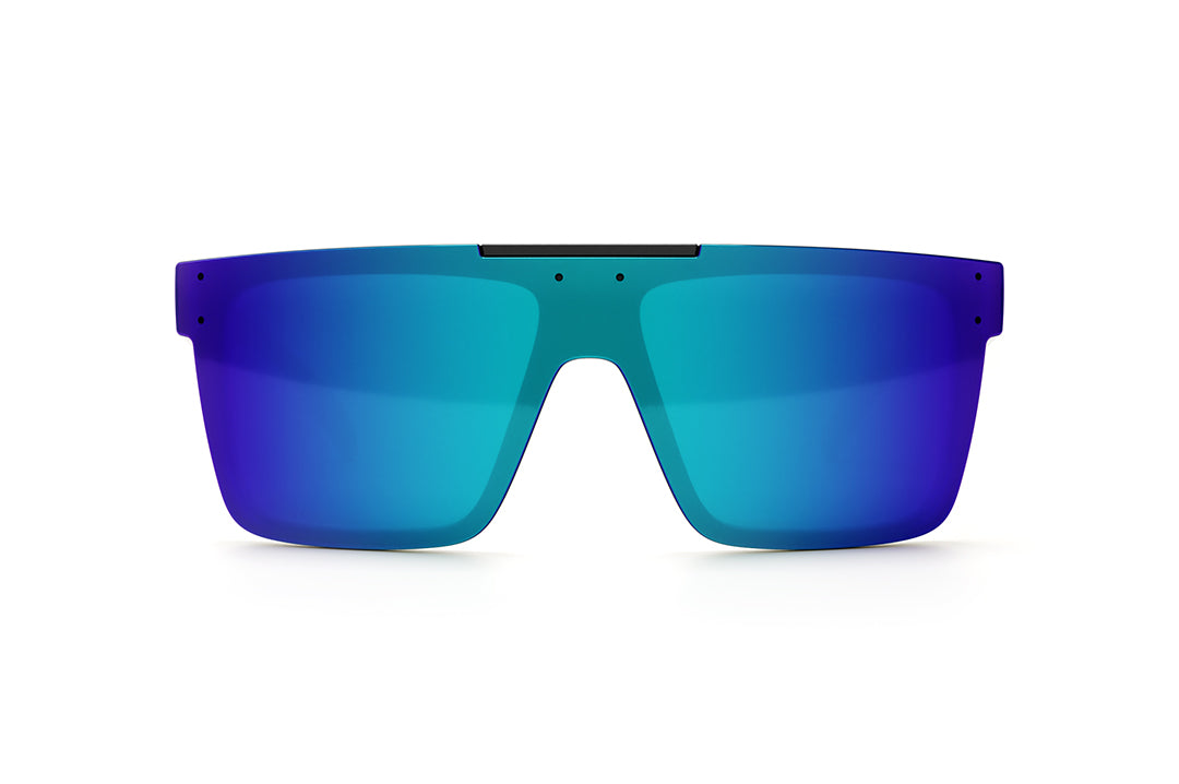Front of Heat Wave Visual Quatro Sunglasses with black frame, speed eagle white print arms and galaxy blue lens. 