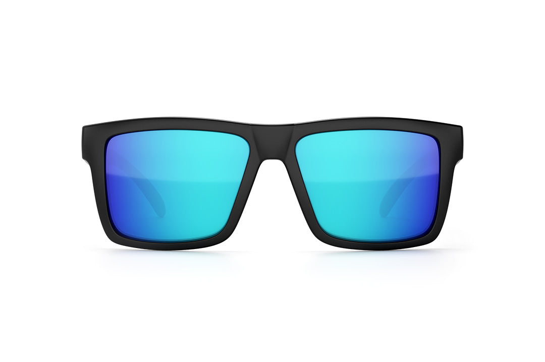 Front view of Heat Wave Visual Vise Sunglasses with black frame, red white blue speed eagle print arms and galaxy blue lenses.