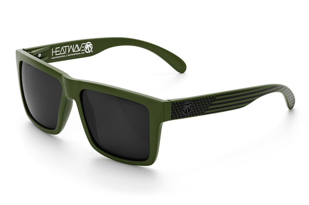 Heat Wave Visual Vise Sunglasses with OD green frame, odcom print arms and black lenses.