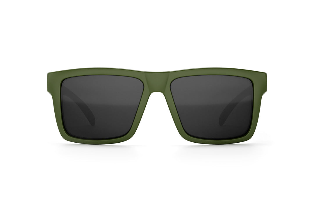 Front view of Heat Wave Visual Vise Sunglasses with OD green frame, odcom print arms and black lenses.