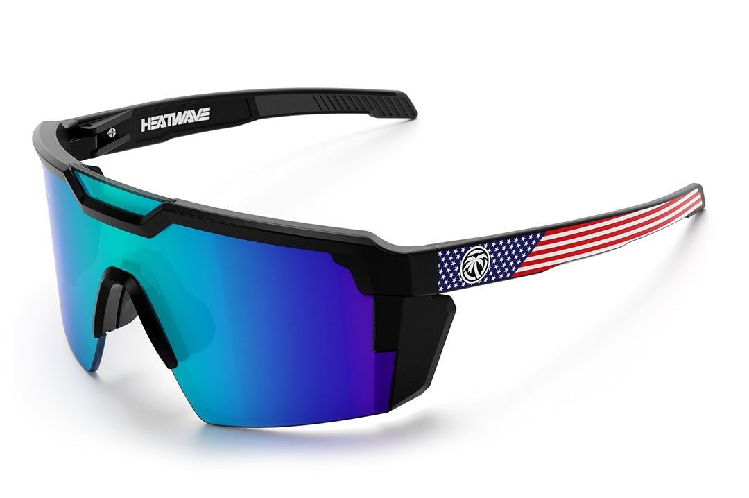 Heat Wave Visual Future Tech Sunglasses with black frame with USA print arms and galaxy blue lens.