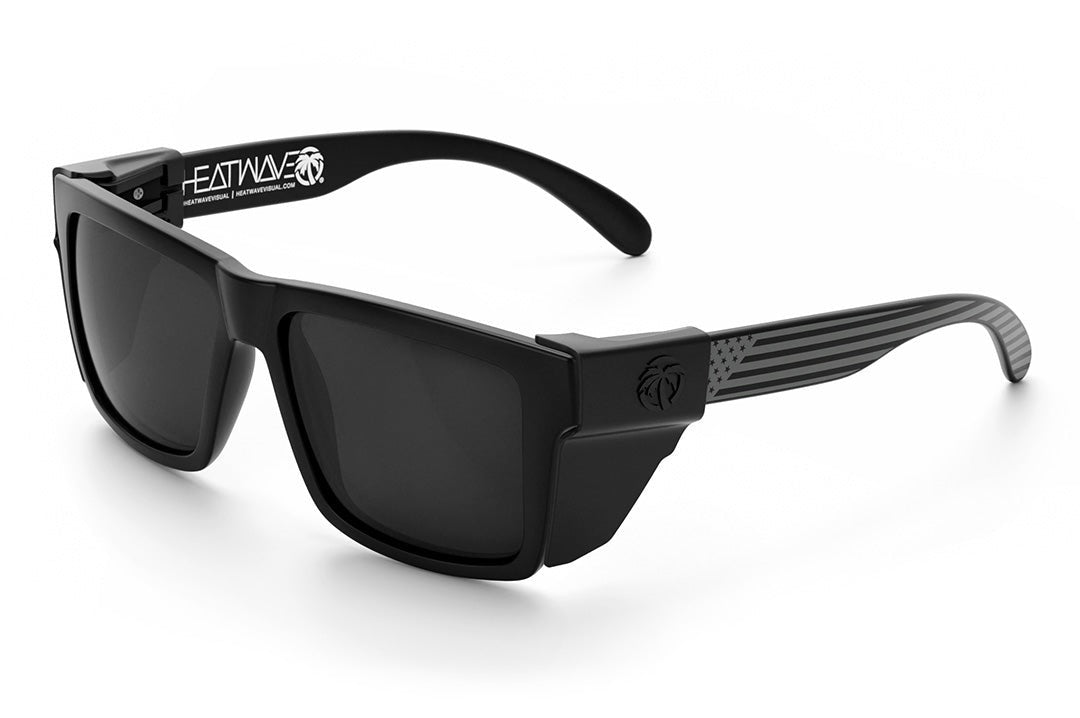 Heat Wave Visual Vise Z87 Sunglasses with black frame, socom print arms, black lenses and black side shields.