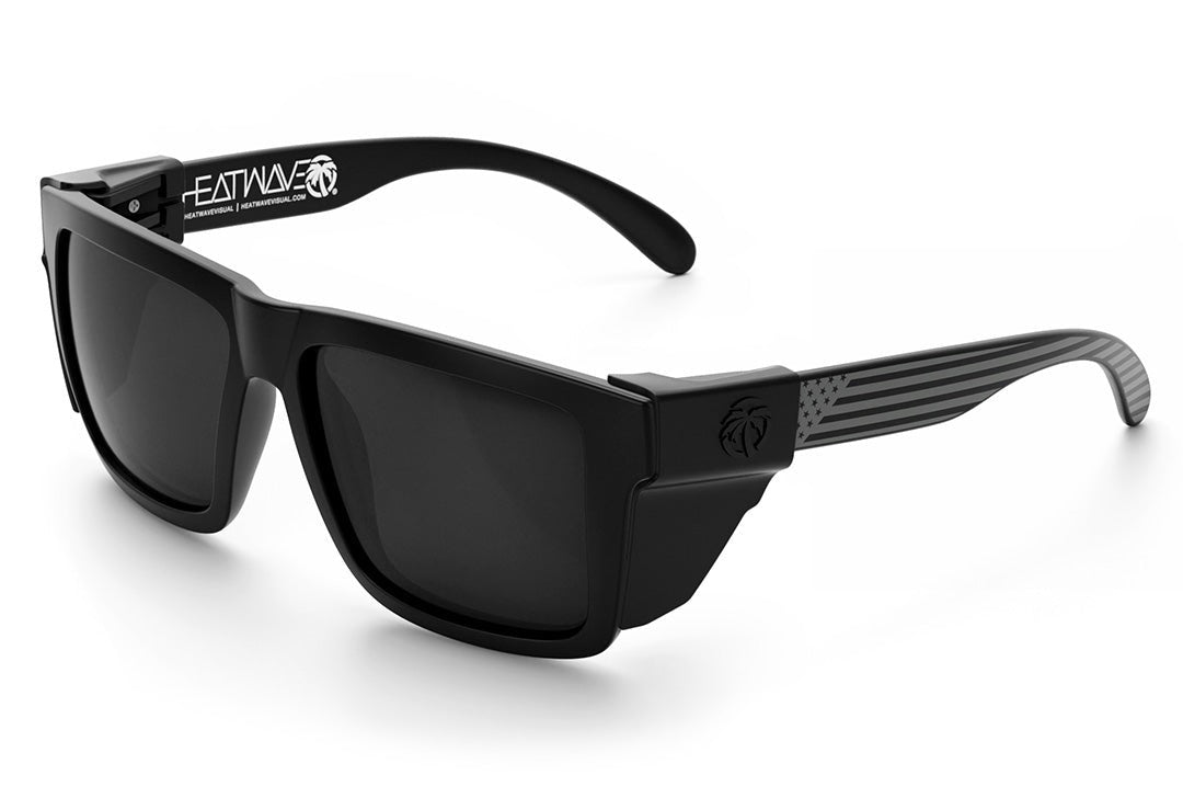 Heat Wave Visual XL Vise Sunglasses with black frame, socom print arms, black lenses and black side shields. 