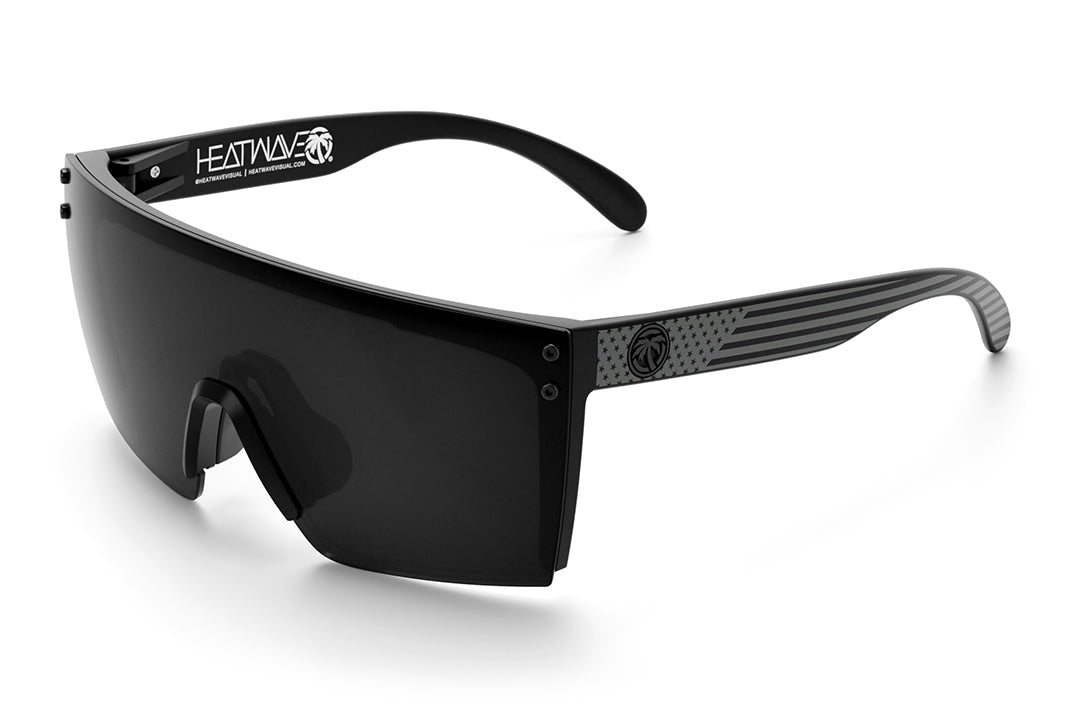 Heat Wave Visual Lazer Face Z87 Sunglasses with black frame, socom print arms and black lens. 