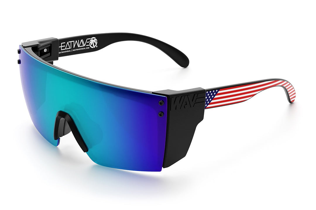 Heat Wave Visual Lazer Face Z87 Sunglasses with black frame, USA print arms, galaxy blue lens and black side shields.