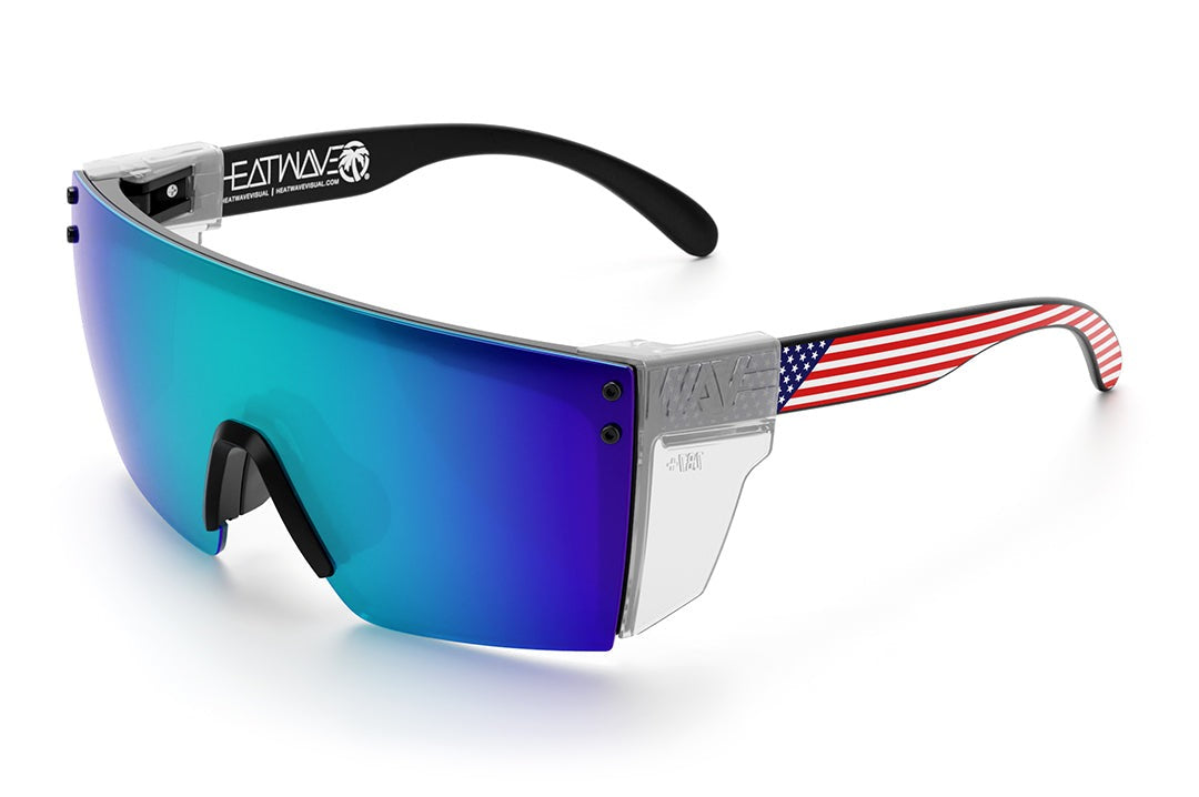 Heat Wave Visual Lazer Face Z87 Sunglasses with black frame, USA print arms, galaxy blue lens and clear side shields.