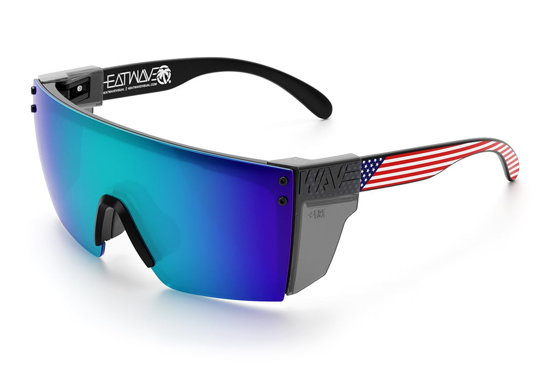 Heat Wave Visual Lazer Face Z87 Sunglasses with black frame, USA print arms, galaxy blue lens and smoke side shields.