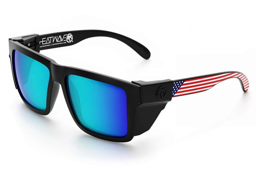 Heat Wave Visual XL Vise Sunglasses with black frame, USA print arms, galaxy blue lenses and black side shields. 