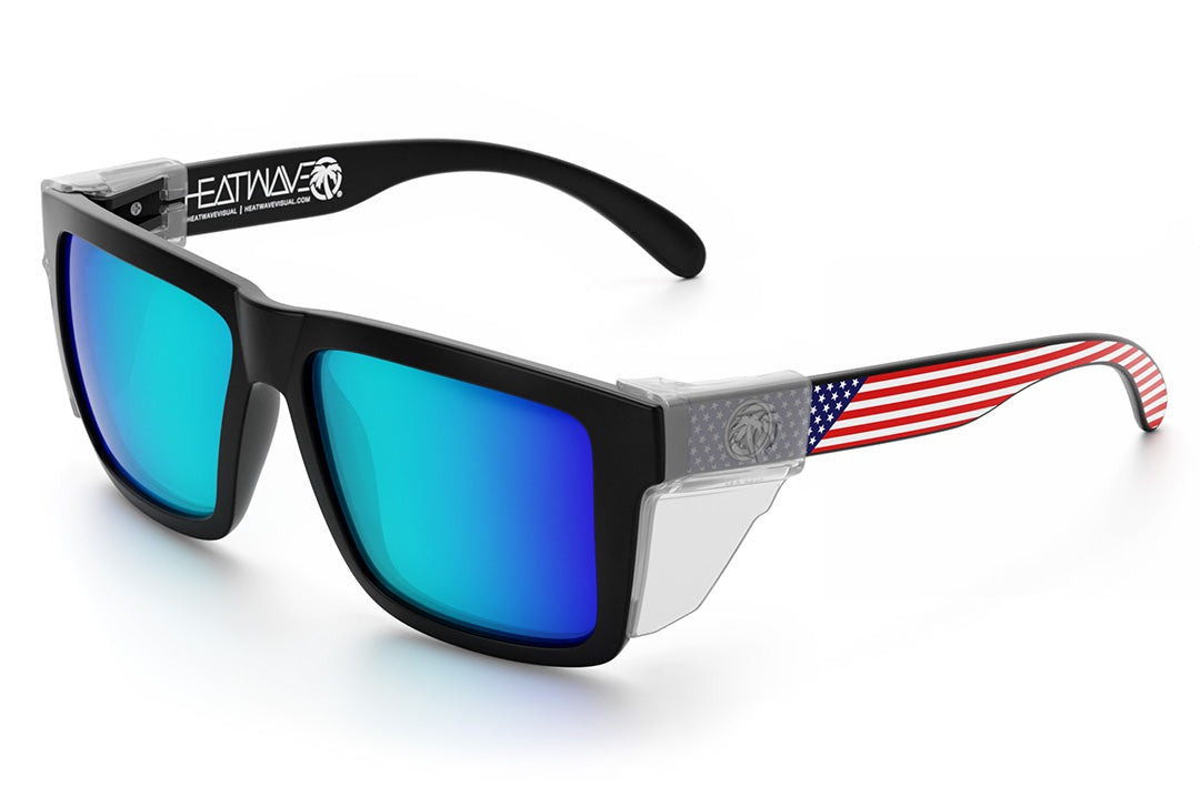 Heat Wave Visual XL Vise Sunglasses with black frame, USA print arms, galaxy blue lenses and clear side shields. 