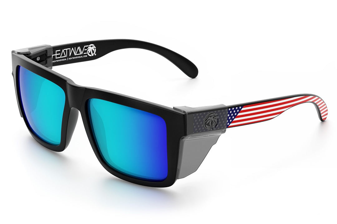Heat Wave Visual XL Vise Sunglasses with black frame, USA print arms, galaxy blue lenses and smoke side shields. 