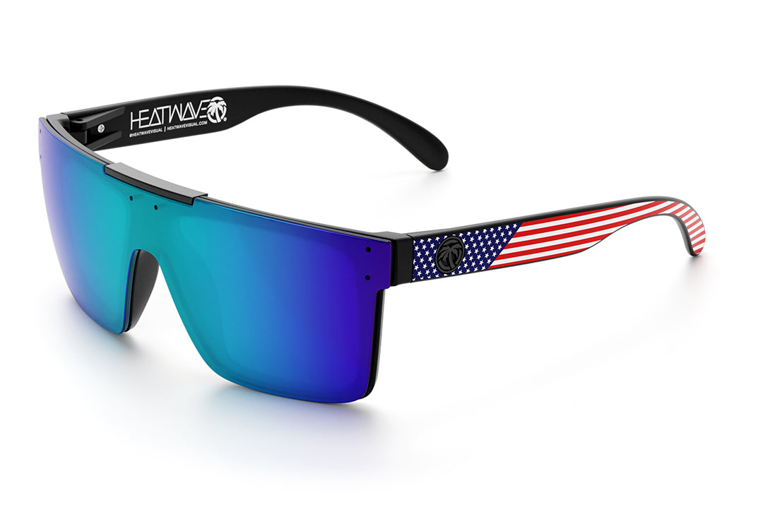 Heat Wave Visual Quatro Sunglasses with black frame, USA print arms and galaxy blue lens.