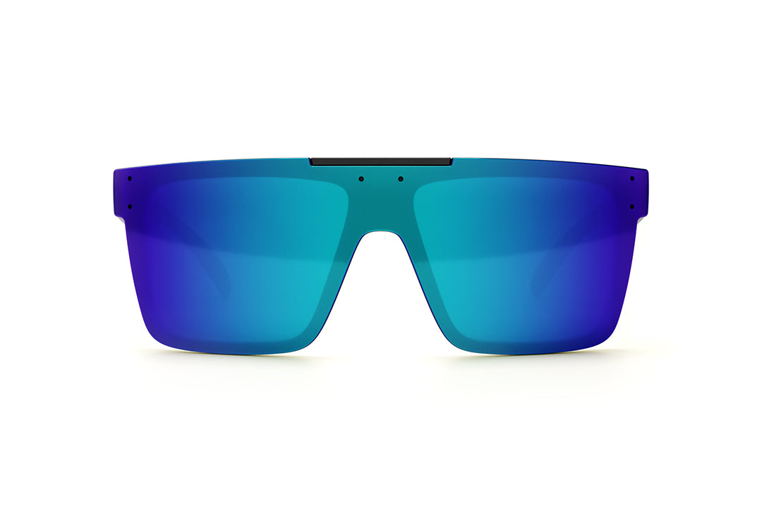 Front view of Heat Wave Visual Quatro Sunglasses with black frame, USA print arms and galaxy blue lens.