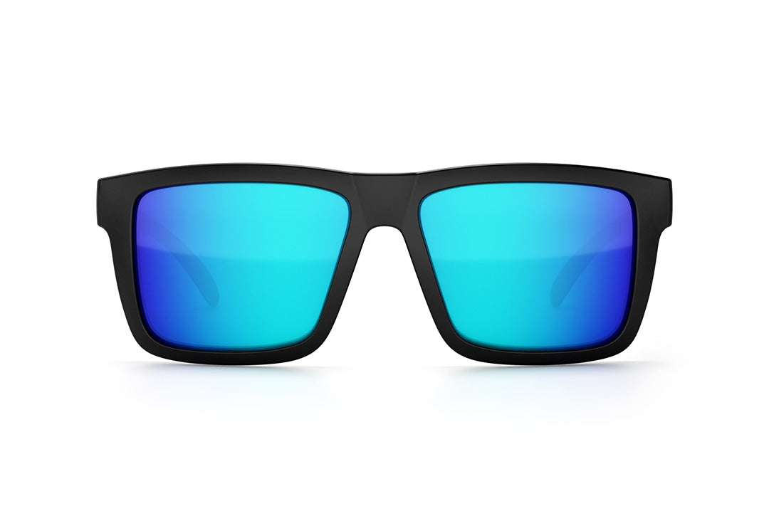 Front view of Heat Wave Visual XL Vise Sunglasses with black frame, USA print arms and galaxy blue lenses.