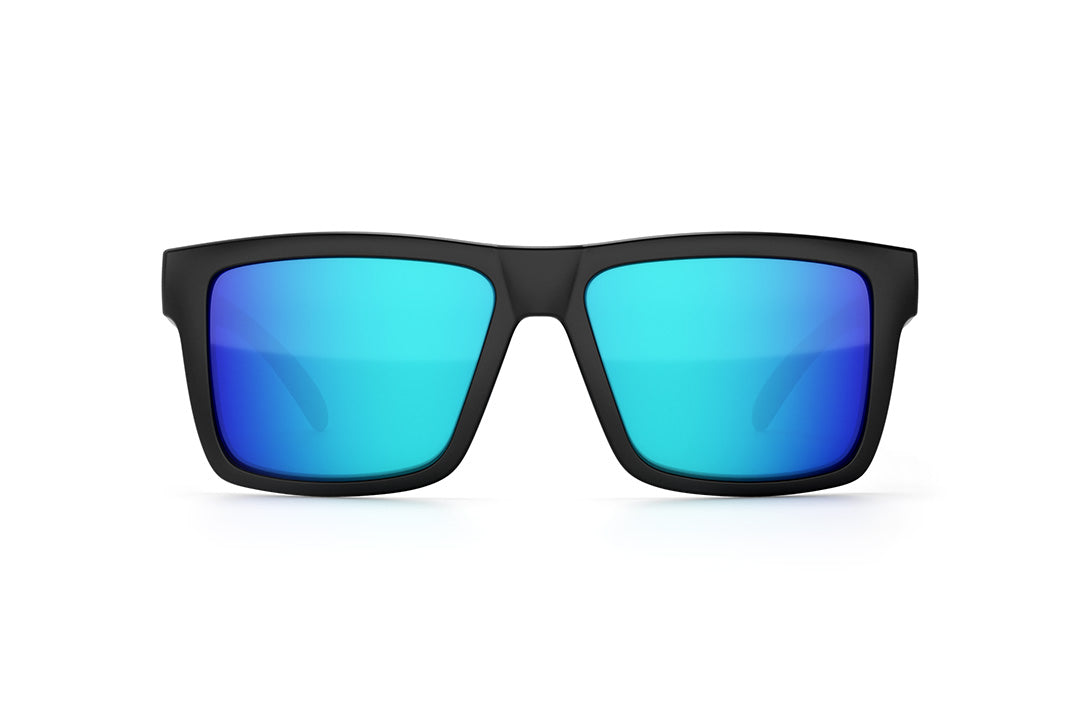 Front view of Heat Wave Visual Vise Sunglasses with black frame, USA print arms and galaxy blue lenses.