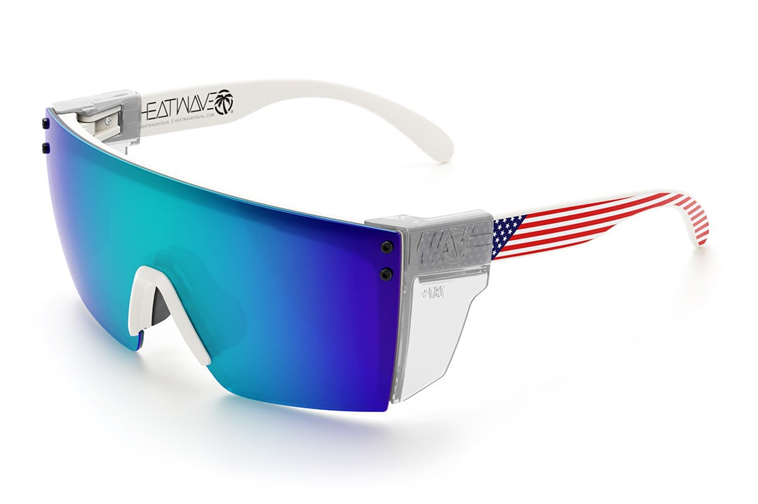 Heat Wave Visual Lazer Face Z87 Sunglasses with white frame, USA print arms, galaxy blue lens and clear side shields.