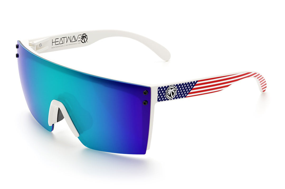 Heat Wave Visual Lazer Face Z87 Sunglasses with white frame, USA print arms and galaxy blue lens.